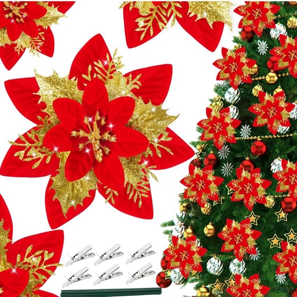 2 bundle 16Pcs Christmas Poinsettia Flower Decorations NEW! - Picture 5 of 10